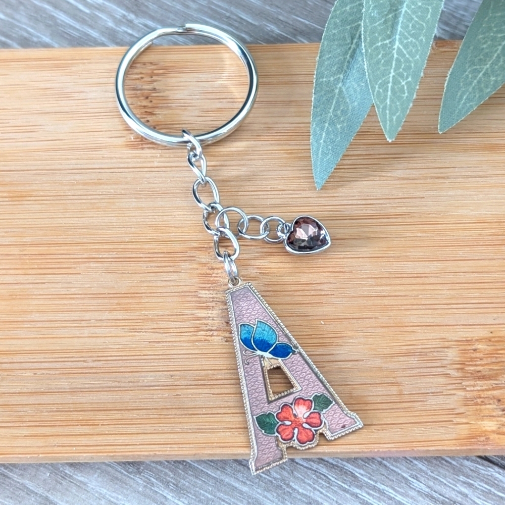 Silver Keychain with Floral Letter A Charm Handcrafted by me | Upcycled Item